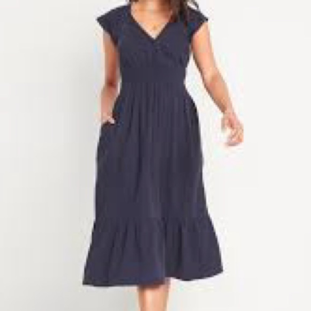 H&M Flutter Sleeve Cinch Waist Navy Blue Midi Prairie Feminine Dress